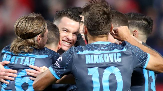 Sydney FC players celebrate a goal. Picture: AAP