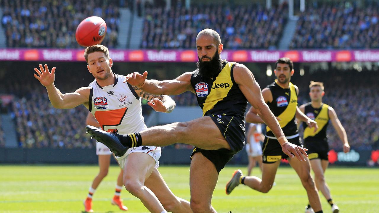 Bachar Houli kicks forward during the 2019 AFL Grand Final