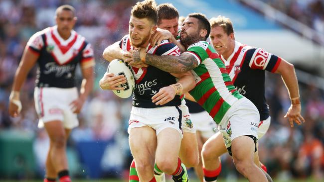 Jackson Hastings can’t get through the Rabbitohs defence.