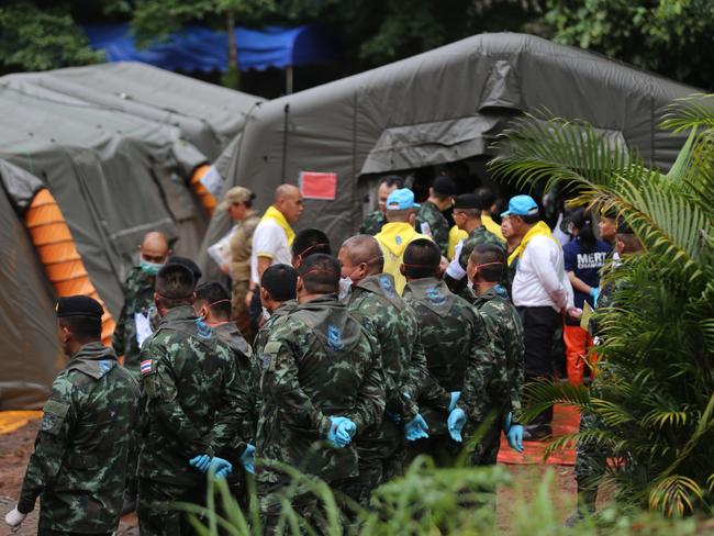 Thai soldiers outside the quarantine tent in Tham Luang cave area where the rescued boys were checked. Picture: AFP