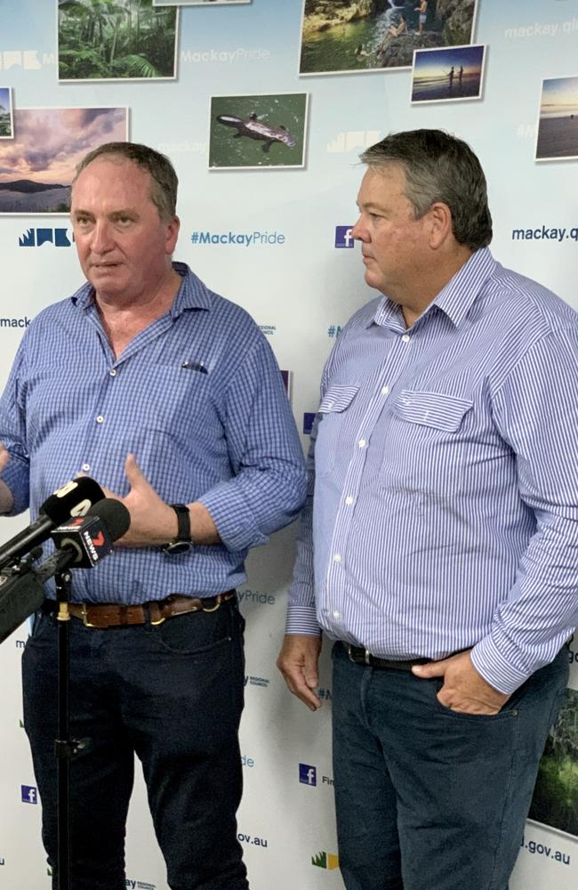 Deputy Prime Minister Barnaby Joyce and Dawson Nationals candidate/Whitsunday Mayor Andrew Willcox. Picture: Rae Wilson