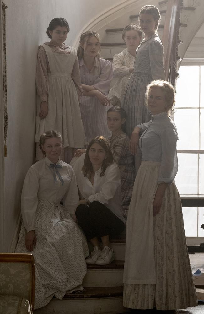 Angourie Rice, top far right, with her The Beguiled co-stars including Kirsten Dunst (bottom left) and Nicole Kidman (bottom right), and director Sofia Coppola, centre. Picture: Supplied