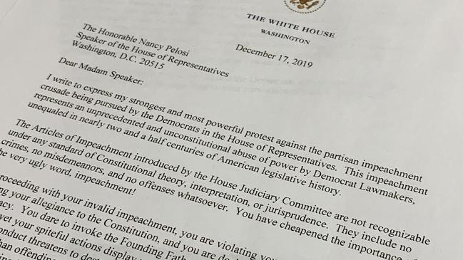 Donald Trump’s letter to Nancy Pelosi accused Democrats of abuse of power. Picture: AP.