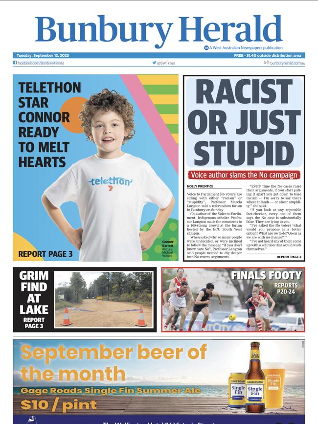 The front page of the Bunbury Herald.