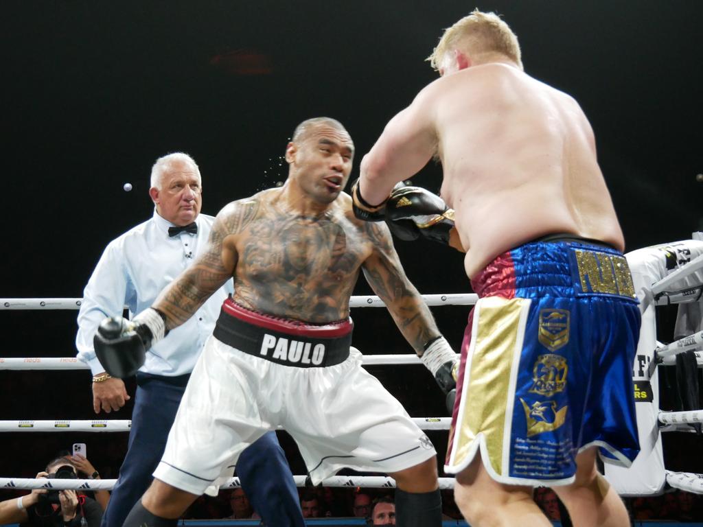 Junior Paulo def Ben Hannant by first-round TKO at the Battle of the Reef fight night at the Townsville Entertainment and Convention centre, October 7 2023. Picture: Blair Jackson.