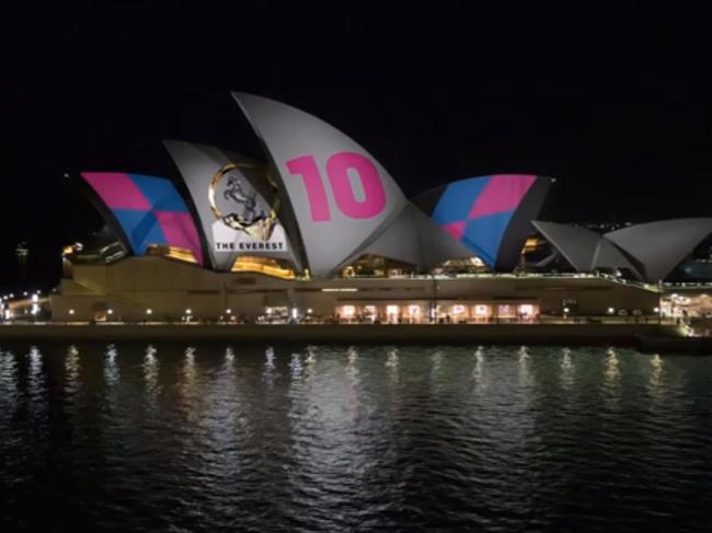 An artist’s impression of the 2018 Barrier draw being projected onto the Sydney Opera House.