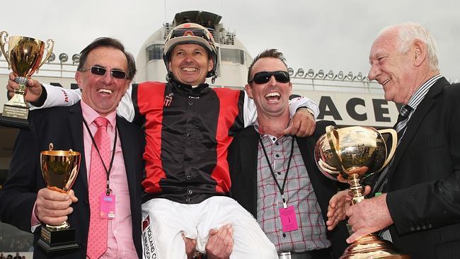 Trainer Graham Court (left), seven-time winning driver Ricky May and connections of the winner, Paul Court and Terry McDonald, c