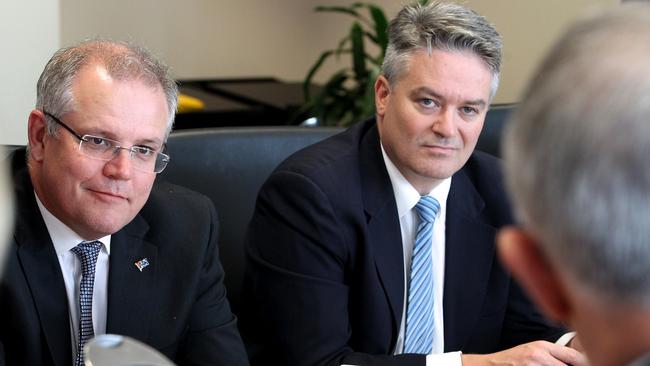 Treasurer Scott Morrison and Minister for Finance Senator Mathias Cormann who will hand down the Budget on May 3. Picture: AAP Image/Richard Wainwright