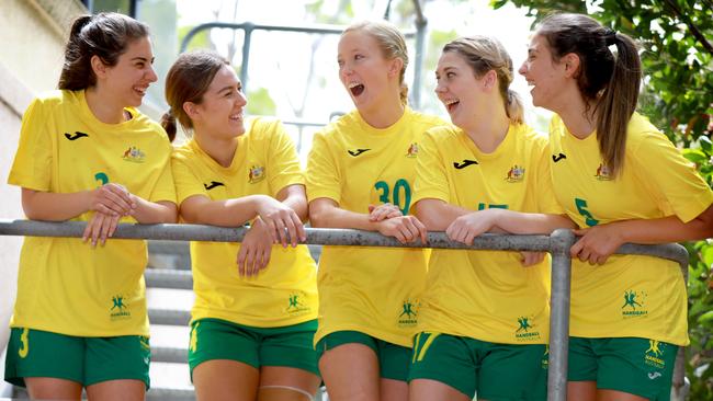 (L-R) Senior Australian women’s handball team members: Stephanie Fallah, Olivia Mowat, Brianna Keyes, Jessie Wood and Jessica Fallah. Pictures: Angelo Velardo