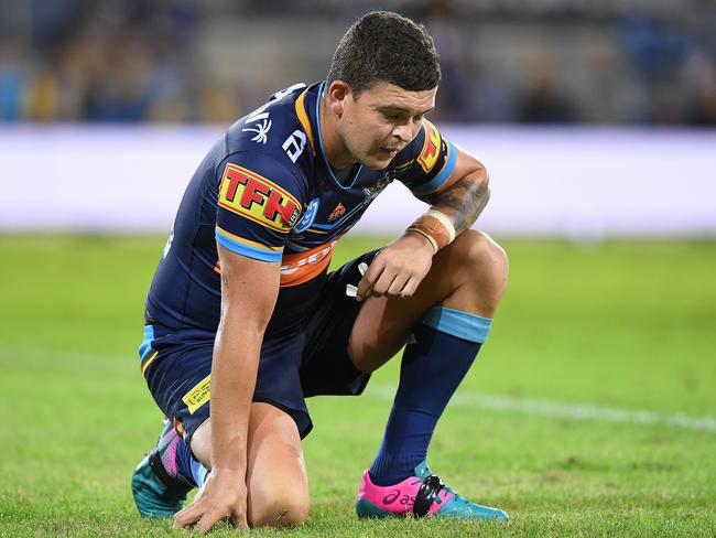 Ashley Taylor slumps to the ground during a game mid-season of 2019. Picture: AAP Image/Dave Hunt