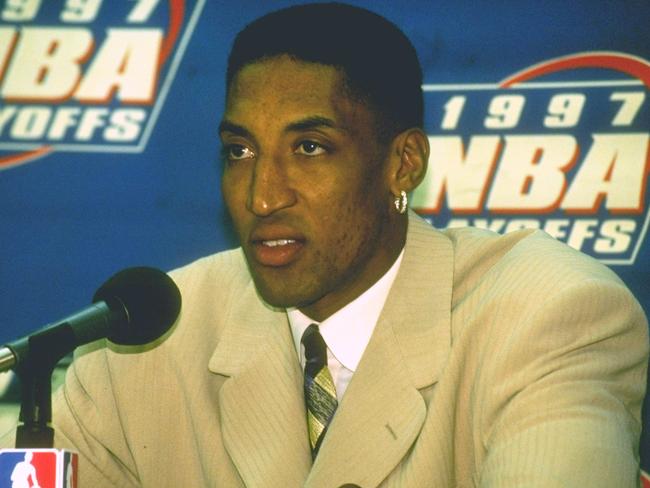 20 May 1997: Forward Scottie Pippen of the Chicago Bulls speaks to reporter during a press conference after a game against the Miami Heat at the United Center in Chicago, Illinois. The Bulls won the game 84-77.