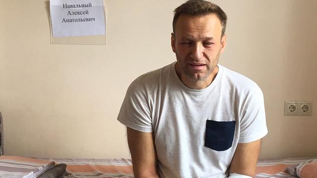 A handout image made available on the official website of Russia's opposition leader Alexei Navalny (Navalny.com) on July 29, 2019, shows Russia's jailed opposition leader Alexei Navalny sitting on a hospital bed in Moscow. - Russia's jailed opposition leader Alexei Navalny, a 43-year-old lawyer, said on July 29, 2019, he might have been "poisoned" in his prison cell amid a crackdown on anti-Kremlin protesters. Navalny, who has been in jail since last week for calling an unauthorised rally, released a picture of himself in hospital with his face puffy, especially around the eyes. (Photo by Handout / navalny.com / AFP) / RESTRICTED TO EDITORIAL USE - MANDATORY CREDIT "AFP PHOTO /Navalny.com" - NO MARKETING - NO ADVERTISING CAMPAIGNS - DISTRIBUTED AS A SERVICE TO CLIENTS