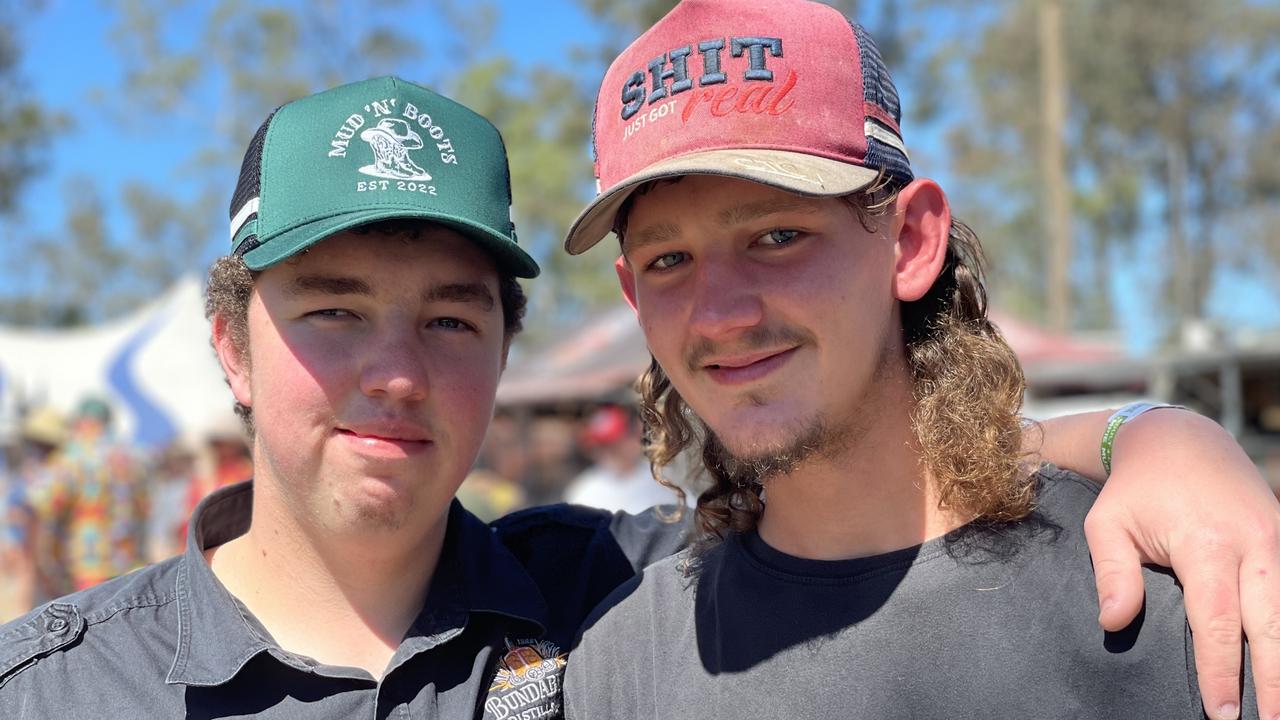 William Wilshire and Ben Watson, from Logan Village, enjoy day one of the 2024 Gympie Muster, at the Amamoor State Forest on August 22, 2024.