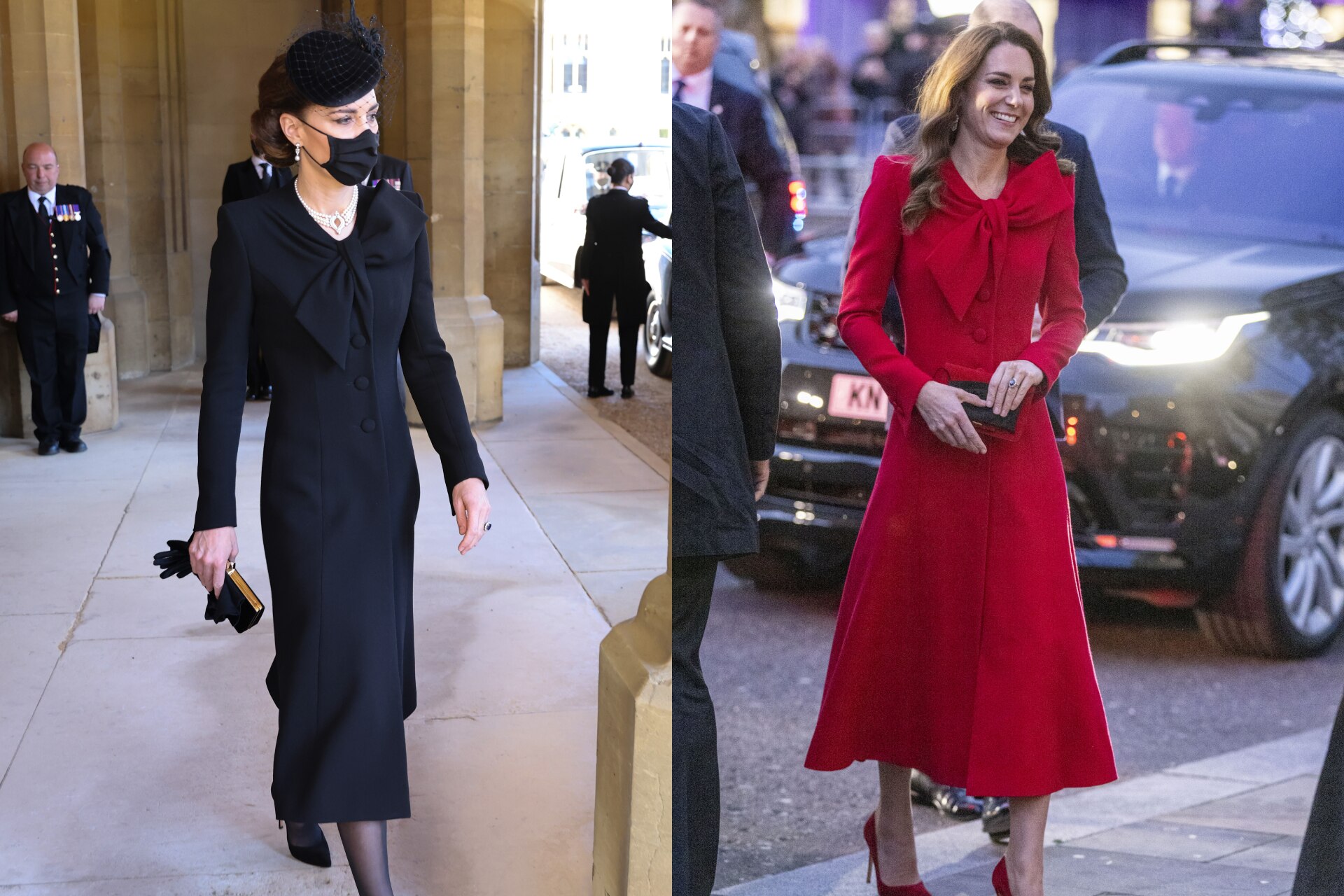 <h3>Catherine Walker coat-dress</h3><p>Worn in black in 2021; and in red in 2021.</p>