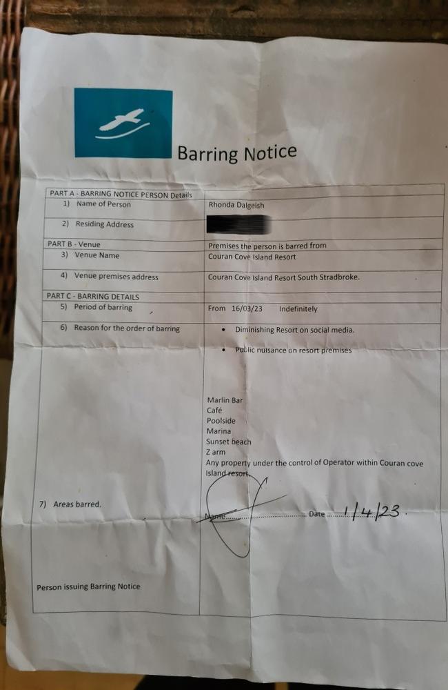 The 'barring' notice Couran Cove Island Resort resident Rhonda Dalgleish received. Picture: supplied