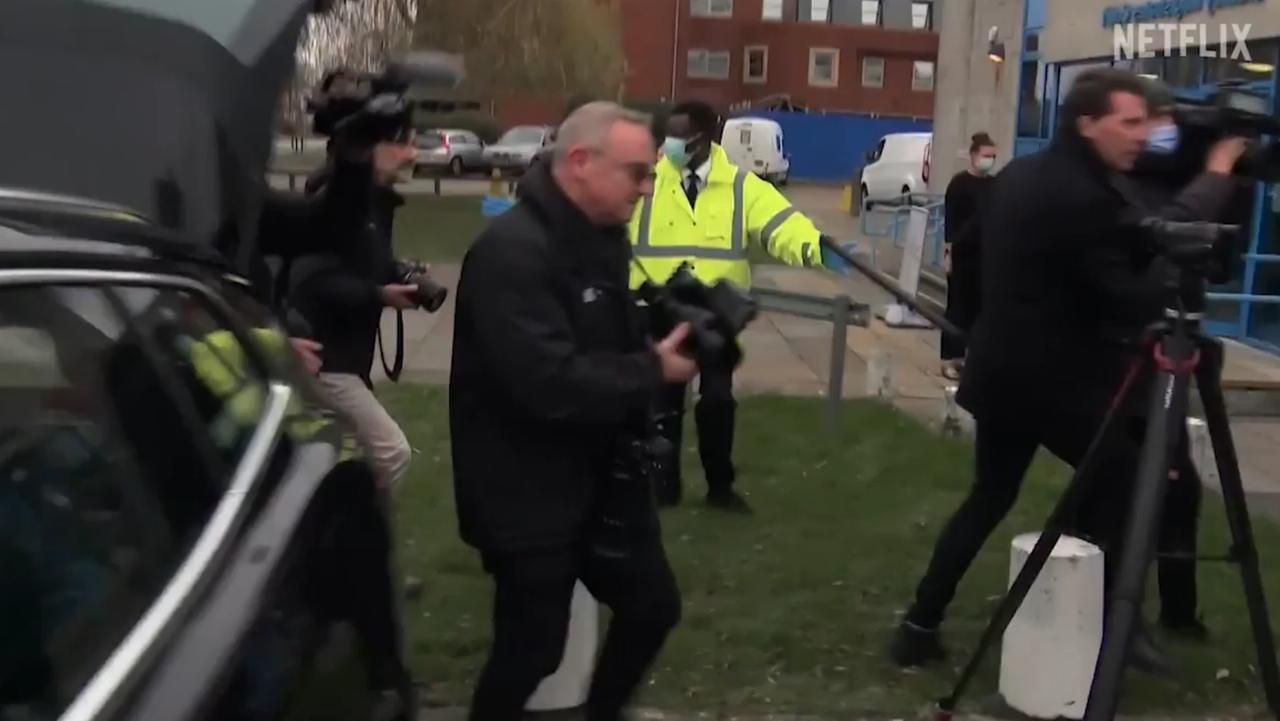 A still from the Harry and Meghan trailer uses footage of Katie Price at court. Picture: Getty Images