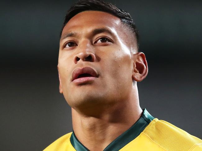 FILE: Israel Folau sacked by Rugby Australia for Homphobic tweet SYDNEY, AUSTRALIA - JUNE 23:  Israel Folau of the Wallabies looks on during the Third International Test match between the Australian Wallabies and Ireland at Allianz Stadium on June 23, 2018 in Sydney, Australia.  (Photo by Matt King/Getty Images)