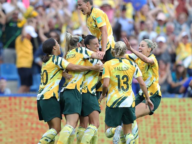 Logarzo is mobbed after scoring in the 2019 World Cup. Picture: Elsa/Getty Images