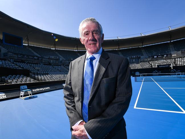 Australian tennis legend Ken Rosewall poses for a photograph following a press conference at Ken Rosewall Arena in Sydney, Friday, January 4, 2018. The Premier announced a $50 million overhaul of the Ken Rosewall Arena located in Sydney's Olympic Park. (AAP Image/Paul Braven) NO ARCHIVING