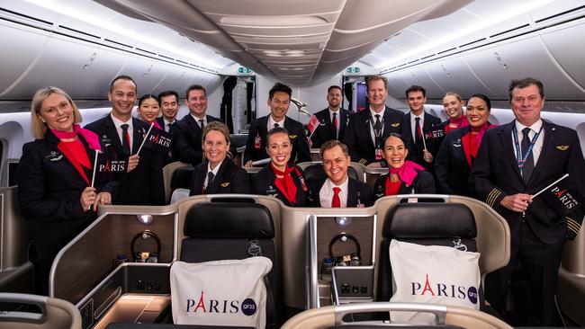 The Qantas crew on board the Dreamliner before takeoff.