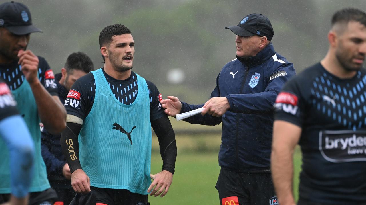 Blues assistant coach Paul McGregor working with Nathan Cleary. Credit: NRL Images.