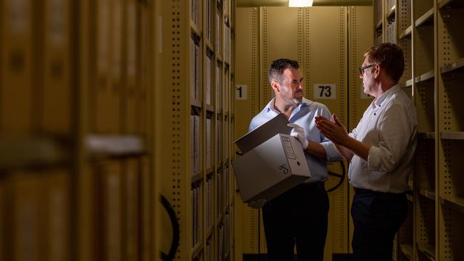 The Minister for Arts, Culture and Heritage, Hon Chansey Paech and Library and Archives NT senior director Patrick Gregory at the release of 1990 cabinet records at the Northern Territory Archives Centre. Picture: Che Chorley