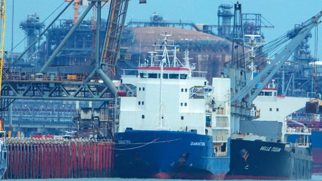 The cattle ship Diamantina docked at East Arm Wharf in Darwin Harbour. Picture Glenn Campbell