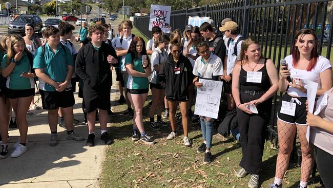 A crowd of students at Swansea High School showing their support against rape comments made by a teacher. Photo: Amy Ziniak.