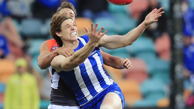 Ben Brown juggles the mark against GWS in Hobart.