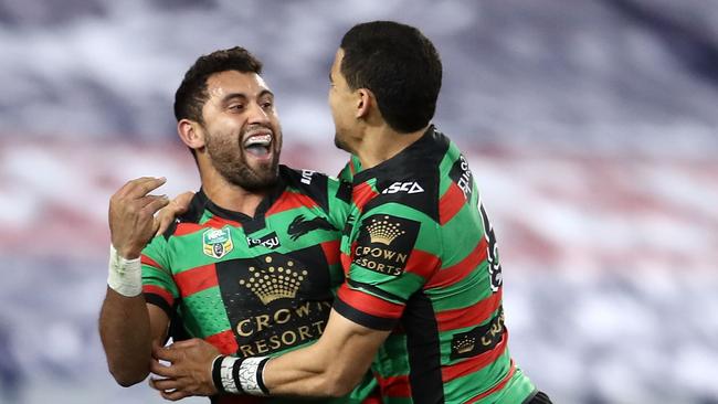 SYDNEY, AUSTRALIA — AUGUST 18: Alex Johnston of the Rabbitohs celebrates with his team mate Cody Walker of the Rabbitohs after scoring a try during the round 24 NRL match between the South Sydney Rabbitohs and the New Zealand Warriors at ANZ Stadium on August 18, 2017 in Sydney, Australia. (Photo by Mark Kolbe/Getty Images)