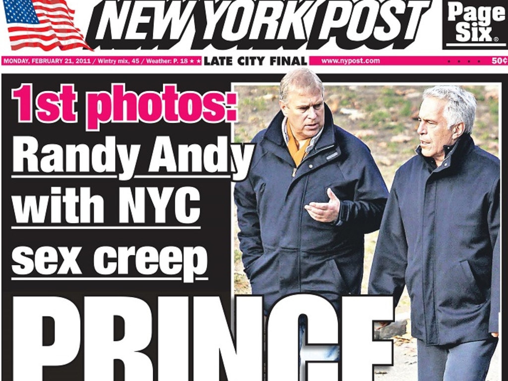 Photos of Prince Andrew and convicted sex offender Jeffrey Epstein were on the cover of the New York Post. Picture: Supplied