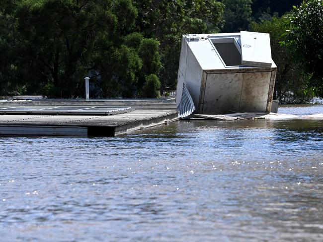 Caravans and cabins are seen submerged under floodwater at the Dargle Water Ski Resort in Sackville North, NSW. Picture: NCA NewsWire/Bianca De Marchi