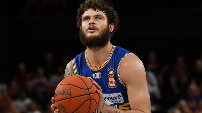CAIRNS, AUSTRALIA - JANUARY 28: Tyler Johnson of the Bullets lines up a free throw during the round 17 NBL match between Cairns Taipans and Brisbane Bullets at Cairns Convention Centre, on January 28, 2023, in Cairns, Australia. (Photo by Emily Barker/Getty Images)