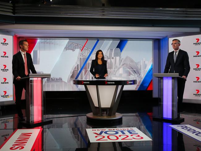 NSW Premier Dominic Perrottet and NSW Labor leader Chris Minns go head to head in a televised debate at Channel 7 Studios in Sydney ahead of the 2023 NSW State Elections. Picture: Gaye Gerard