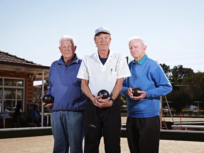 Tony Sestanovich, 82 (life member), Ross Aldridge, 55,(Mens bowls president) and Richard Clarke, 75, (men's bowls secretary) at North Manly Bowling Club. Picture: Adam Yip.