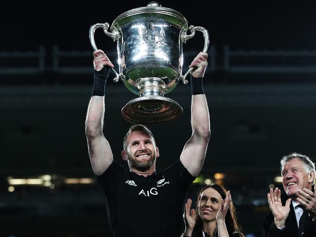 Kieran Read holds up the Bledisloe Cup — which Australia hasn’t owned since 2002. Picture: Getty