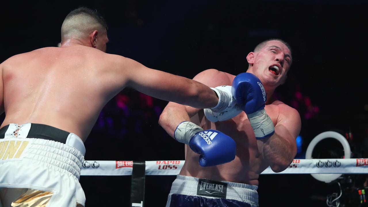 Pictured are boxers Paul Gallen and Justis Huni in their bout for the Australian Heavyweight Title held at the ICC in Sydney. Picture: Richard Dobson
