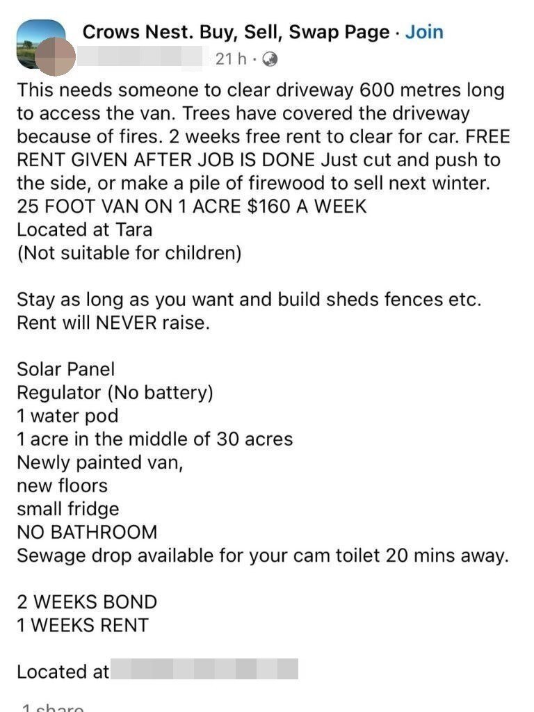 An ad for a caravan up for rent in Queensland’s Western Downs region. Picture: Facebook