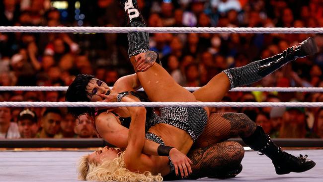 Rhea Ripley and Charlotte Flair wrestle for the Smackdown women’s championship at WrestleMania. Photo: Ronald Martinez/Getty Images/AFP