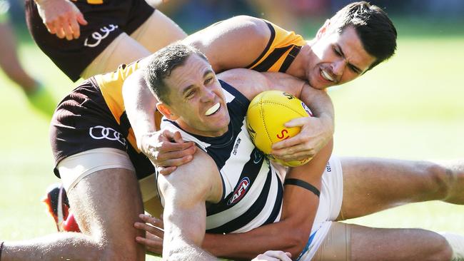 Joel Selwood has come under fire for using his body to win free kicks for high contact. Picture: Getty Images