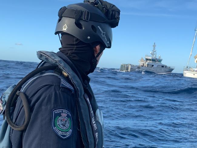 A YACHT with hundreds of kilograms of drugs has been intercepted off the NSW coast. NSW Police stopped the 50 foot yacht 50 nautical miles east of Lake Macquarie at 4:30am today., April 18, 2020. 2 men have been arrested. Supplied by PMU