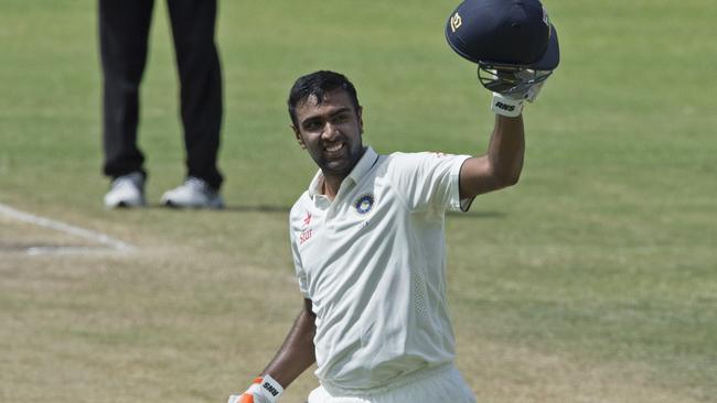 India’s Ravichandran Ashwin celebrates after reaching a century against West Indies.