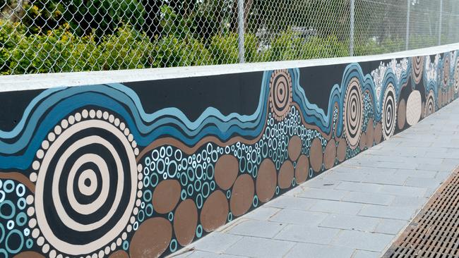 Some of the art by local artist Nickolla Clark at the new bus interchange in Byron Bay, which opened on Monday, April 29, 2021. Picture: Liana Boss