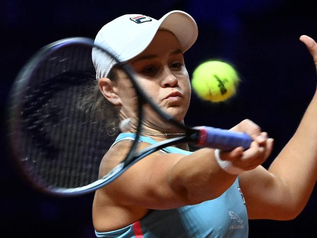 Australia's Ashleigh Barty returns the ball during her singles final match against Belarus' Aryna Sabalenka (not in picture) of the Women's Tennis Grand Prix WTA 500 tournament in Stuttgart, southwestern Germany, on April 25, 2021. (Photo by Marijan Murat / POOL / AFP)