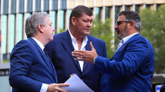 James Packer (centre) with director Andrew Demetriou (right) and Todd Nisbet (left) in Melbourne last year. Picture: Aaron Francis/The Australian.