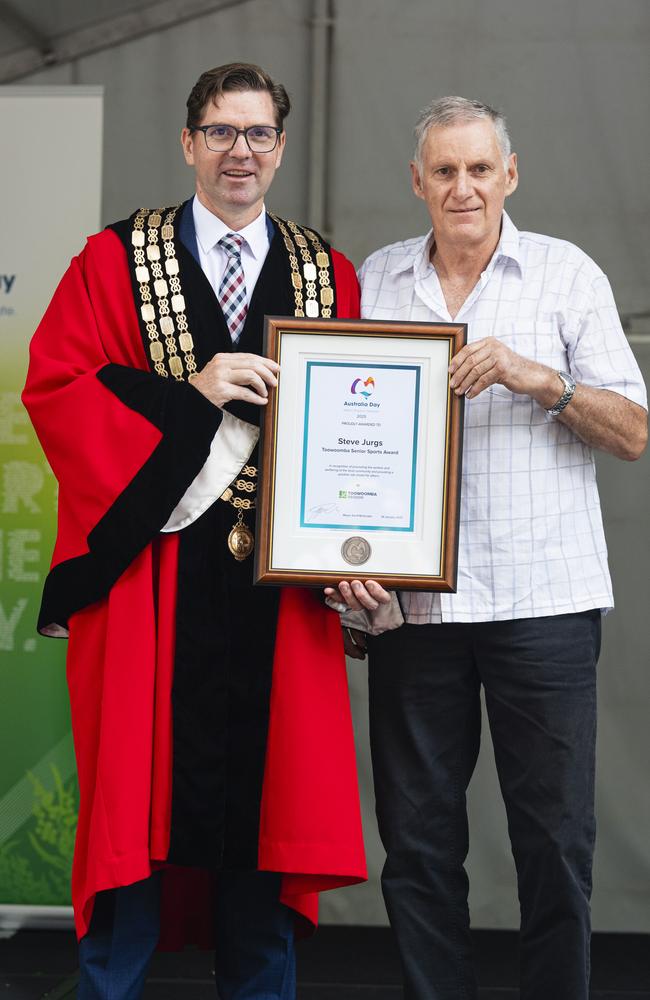 Toowoomba Mayor Geoff McDonald with Toowoomba Senior Sports Award recipient Steve Jurgs at the Toowoomba Australia Day celebrations at Picnic Point, Sunday, January 26, 2025. Picture: Kevin Farmer