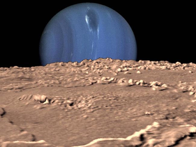 Orbital values ... the planet Neptune, photographed by the Voyager 2 space probe, superimposed on an image of it's moon Triton.