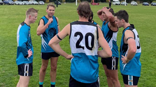 Moyston Willaura seniors with Kane Cornes earlier this season. Picture: Moyston Willaura Football Netball Club.