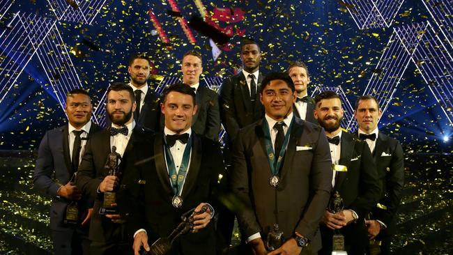 Team of the year Joseph Leilua, James Tedesco, Jesse Bromwich, James Maloney, top try scocer Suliasi Vunivalu, top point scorer Jarrod Croker, Josh Mansour, Cameron Smith with Dally M winners Cooper Cronk and Jason Taumalolo at the Dally M awards / Picture : Gregg Porteous