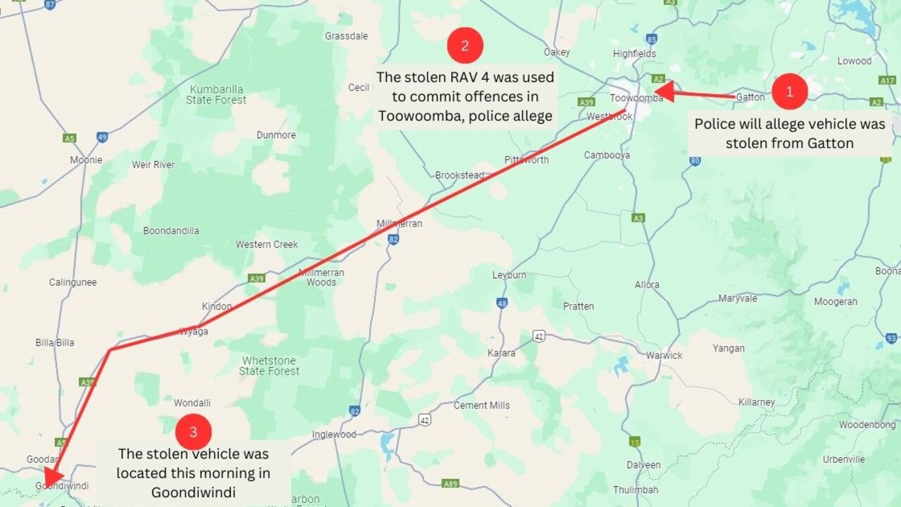 Police will allege a car stolen in Gatton was used to commit crimes around the region, before being located at Goondiwindi today. (Photo: Google Maps)
